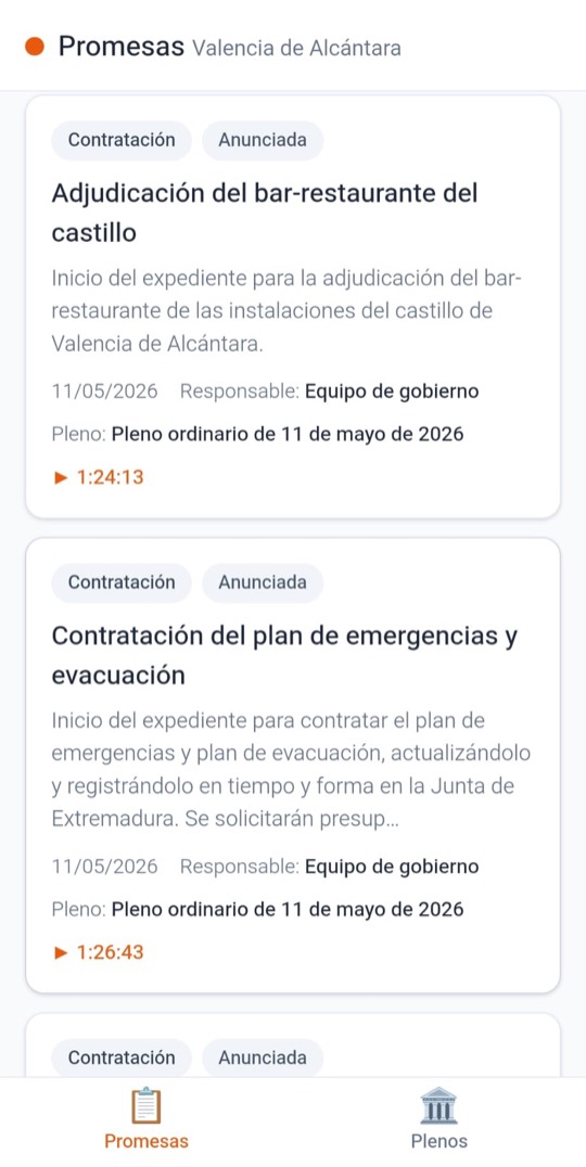 Listado de promesas de los plenos